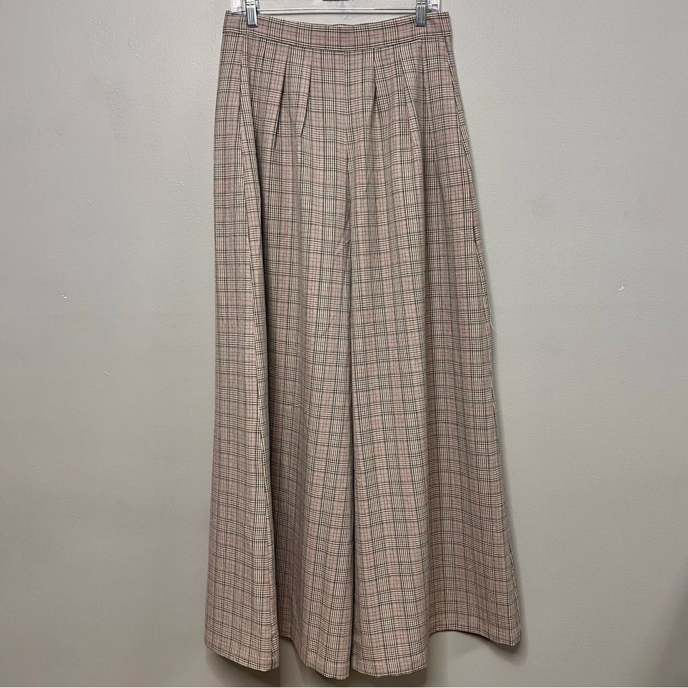Corey Lynn Calter Women’s Pleated Wide Leg Pink/Gray Plaid Trousers Size Medium